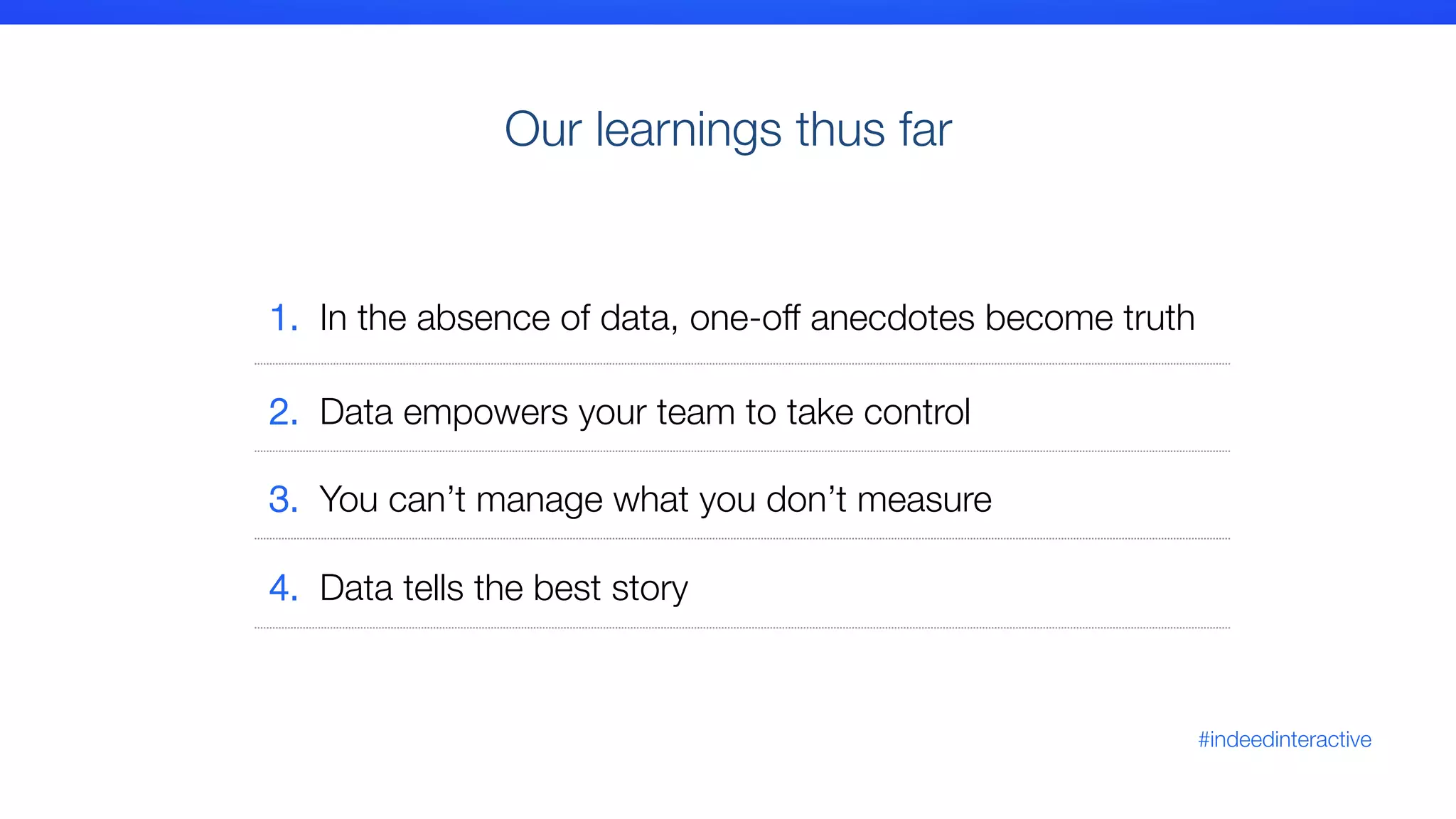 #indeedinteractive
4. Data tells the best story
1. In the absence of data, one-off anecdotes become truth
2. Data empowers your team to take control
3. You can’t manage what you don’t measure
Our learnings thus far
 