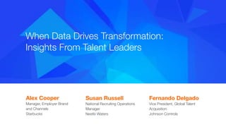 #indeedinteractive
When Data Drives Transformation:
Insights From Talent Leaders
Alex Cooper 
Manager, Employer Brand 
and Channels 
Starbucks

Susan Russell
National Recruiting Operations
Manager
Nestlé Waters
Fernando Delgado
Vice President, Global Talent
Acquisition
Johnson Controls
 
