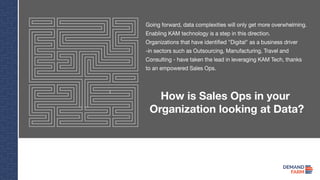 Going forward, data complexities will only get more overwhelming.
Enabling KAM technology is a step in this direction.
Organizations that have identified "Digital" as a business driver
-in sectors such as Outsourcing, Manufacturing, Travel and
Consulting - have taken the lead in leveraging KAM Tech, thanks
to an empowered Sales Ops.
How is Sales Ops in your
Organization looking at Data?
 