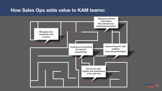 Managing data
cleanliness and
currency
Managing effective
information
flow between key
stakeholder functions
Analysing & Interpreting
the data for
opportunities
Sharing the right
insights with stakeholders
at the right time
Implementing the right
enabling
tools and technologies
How Sales Ops adds value to KAM teams:
 