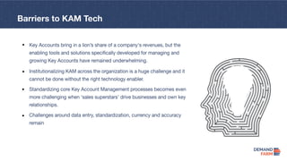Barriers to KAM Tech
Key Accounts bring in a lion’s share of a company's revenues, but the
enabling tools and solutions specifically developed for managing and
growing Key Accounts have remained underwhelming.
Institutionalizing KAM across the organization is a huge challenge and it
cannot be done without the right technology enabler.
Standardizing core Key Account Management processes becomes even
more challenging when ‘sales superstars’ drive businesses and own key
relationships.
Challenges around data entry, standardization, currency and accuracy
remain
 