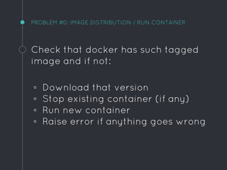 PROBLEM #0: IMAGE DISTRIBUTION / RUN CONTAINER
Check that docker has such tagged
image and if not:
◦ Download that version
◦ Stop existing container (if any)
◦ Run new container
◦ Raise error if anything goes wrong
 