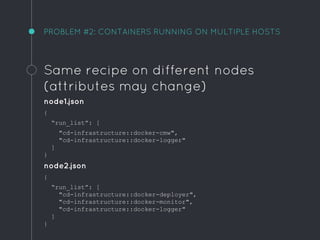 PROBLEM #2: CONTAINERS RUNNING ON MULTIPLE HOSTS
Same recipe on different nodes
(attributes may change)
node1.json
{
“run_list”: [
"cd-infrastructure::docker-cmw",
"cd-infrastructure::docker-logger"
]
}
node2.json
{
“run_list”: [
"cd-infrastructure::docker-deployer",
"cd-infrastructure::docker-monitor",
"cd-infrastructure::docker-logger"
]
}
 