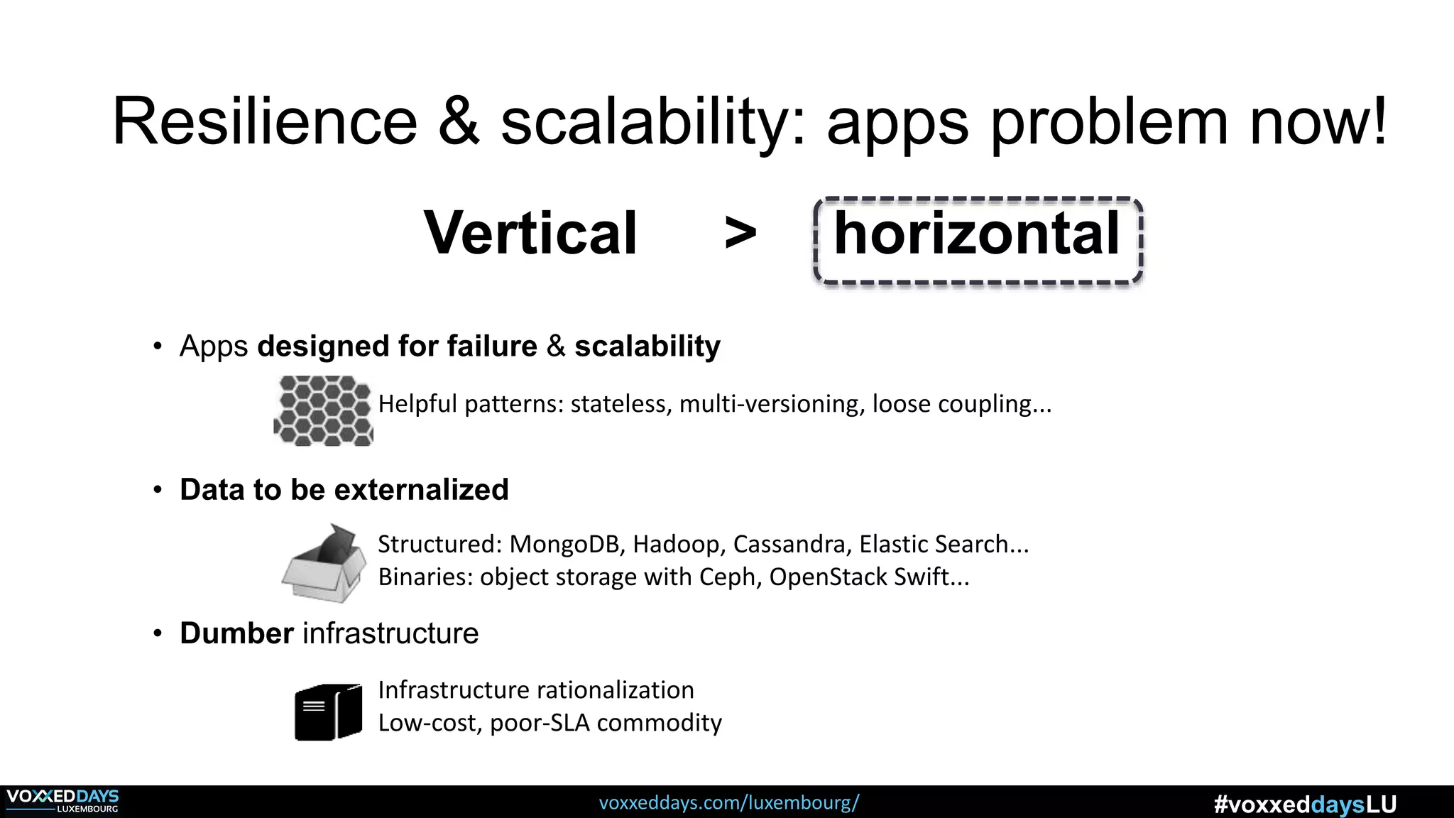 voxxeddays.com/luxembourg/ #voxxeddaysLU
Resilience & scalability: apps problem now!
Vertical > horizontal
• Apps designed for failure & scalability
• Data to be externalized
• Dumber infrastructure
 Structured: MongoDB, Hadoop, Cassandra, Elastic Search...
 Binaries: object storage with Ceph, OpenStack Swift...
 Helpful patterns: stateless, multi-versioning, loose coupling...
 Infrastructure rationalization
 Low-cost, poor-SLA commodity
 