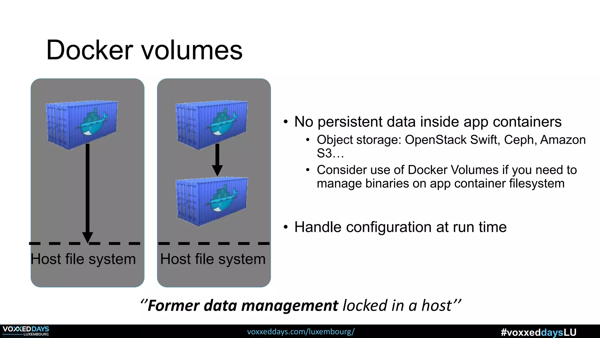 voxxeddays.com/luxembourg/ #voxxeddaysLU
Docker volumes
Host file system Host file system
‘’Former data management locked in a host’’
• No persistent data inside app containers
• Object storage: OpenStack Swift, Ceph, Amazon
S3…
• Consider use of Docker Volumes if you need to
manage binaries on app container filesystem
• Handle configuration at run time
 