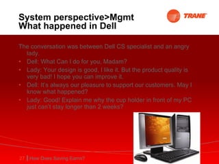 System perspective>Mgmt What happened in Dell The conversation was between Dell CS specialist and an angry lady. Dell: What Can I do for you, Madam? Lady: Your design is good, I like it. But the product quality is very bad! I hope you can improve it. Dell: It’s always our pleasure to support our customers. May I know what happened? Lady: Good! Explain me why the cup holder in front of my PC just can’t stay longer than 2 weeks?  