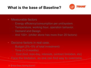 What is the base of Baseline? Measurable factors Energy efficiency/consumption per unit/system. Temperature, working hour, operation behavior. Demand and Design. And 100+. (chiller alone has more than 20 factors) Decisive factors in real case. Budget (3%~5% of total investment) Time (1~3 months) Cost (tool, man-day, interests, contract limitation, etc) Face the limitation, so one can find way to overcome. 