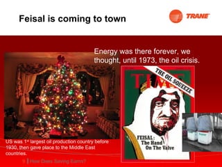 Feisal is coming to town Energy was there forever, we thought, until 1973, the oil crisis.  US was 1 st  largest oil production country before 1930, then gave place to the Middle East countries. 