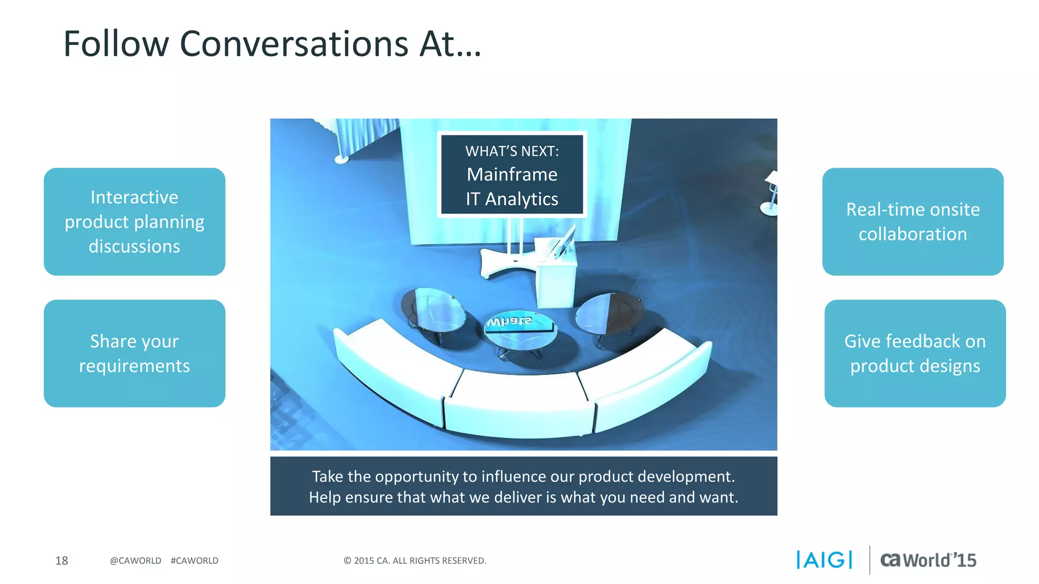 18 © 2015 CA. ALL RIGHTS RESERVED.@CAWORLD #CAWORLD
Follow Conversations At…
WHAT’S NEXT:
Mainframe
IT AnalyticsInteractive
product planning
discussions
Real-time onsite
collaboration
Take the opportunity to influence our product development.
Help ensure that what we deliver is what you need and want.
Share your
requirements
Give feedback on
product designs
 
