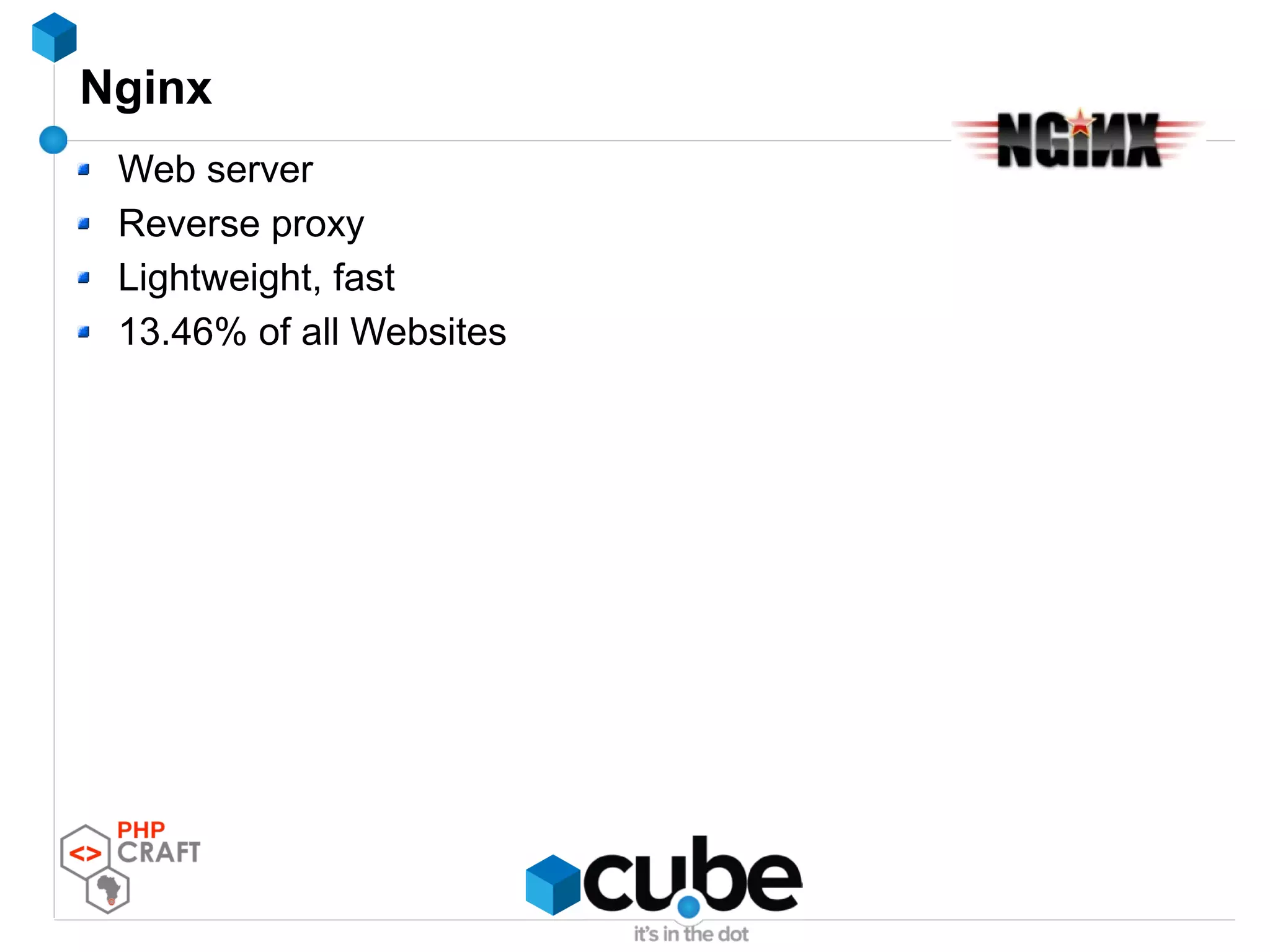 Nginx
Web server
Reverse proxy
Lightweight, fast
13.46% of all Websites
 