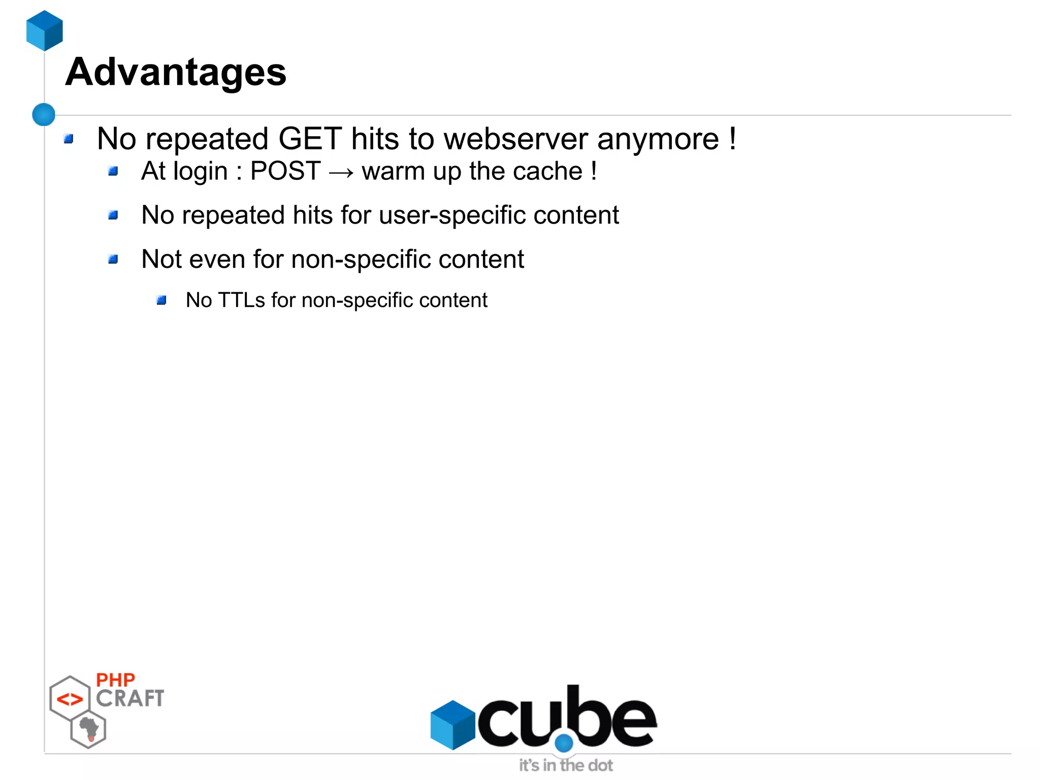 Advantages
No repeated GET hits to webserver anymore !
At login : POST → warm up the cache !
No repeated hits for user-specific content
Not even for non-specific content
No TTLs for non-specific content
 