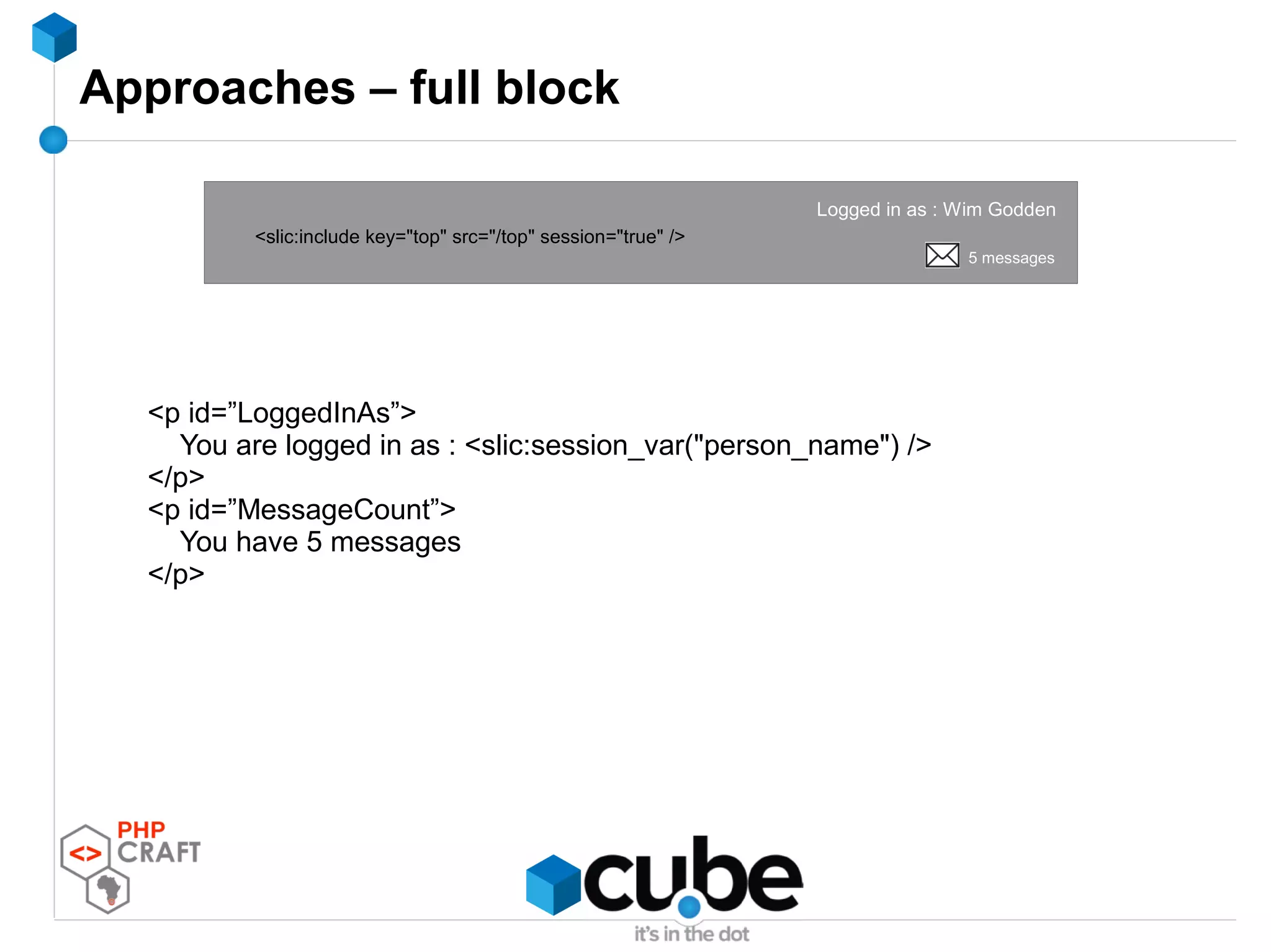 Approaches – full block
<p id=”LoggedInAs”>
You are logged in as : <slic:session_var("person_name") />
</p>
<p id=”MessageCount”>
You have 5 messages
</p>
Logged in as : Wim Godden
5 messages
<slic:include key="top" src="/top" session="true" />
 