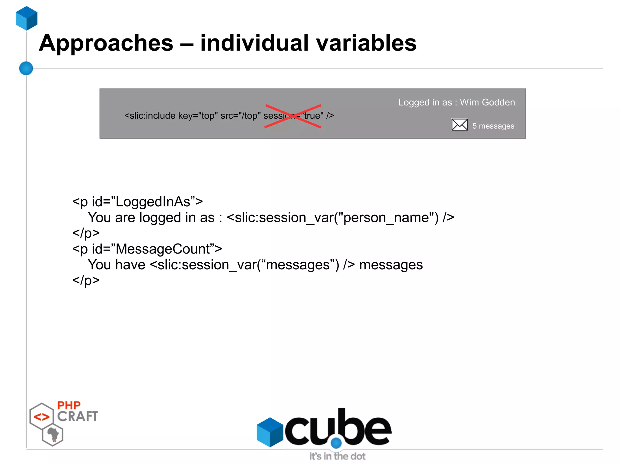 Approaches – individual variables
<p id=”LoggedInAs”>
You are logged in as : <slic:session_var("person_name") />
</p>
<p id=”MessageCount”>
You have <slic:session_var(“messages”) /> messages
</p>
Logged in as : Wim Godden
5 messages
<slic:include key="top" src="/top" session="true" />
 