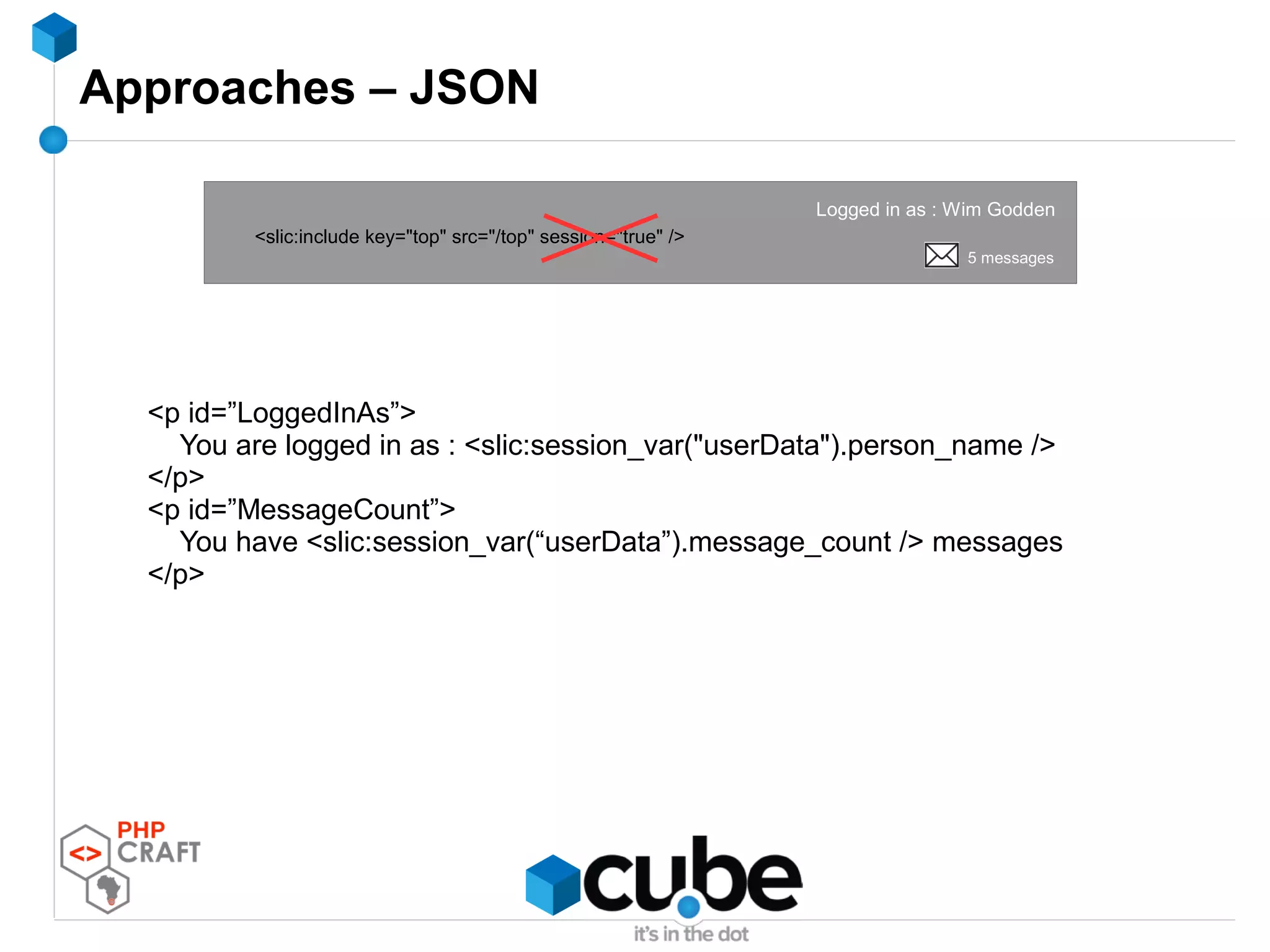 Approaches – JSON
<p id=”LoggedInAs”>
You are logged in as : <slic:session_var("userData").person_name />
</p>
<p id=”MessageCount”>
You have <slic:session_var(“userData”).message_count /> messages
</p>
Logged in as : Wim Godden
5 messages
<slic:include key="top" src="/top" session="true" />
 