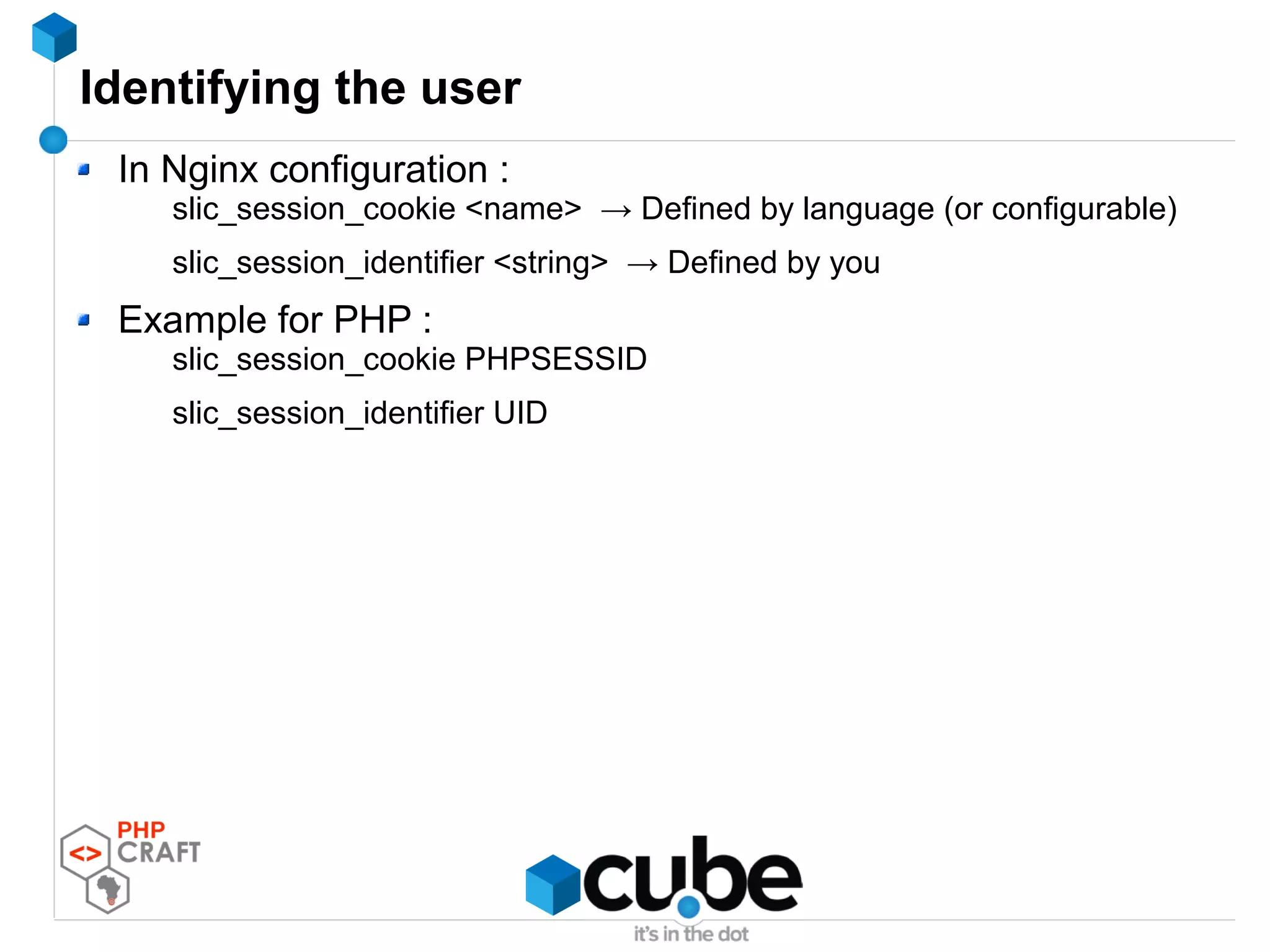 Identifying the user
In Nginx configuration :
slic_session_cookie <name> → Defined by language (or configurable)
slic_session_identifier <string> → Defined by you
Example for PHP :
slic_session_cookie PHPSESSID
slic_session_identifier UID
 