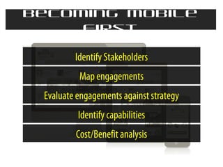 Becoming Mobile
First
Identify Stakeholders
Map engagements
Evaluate engagements against strategy
Identify capabilities
Cost/Benefit analysis

 
