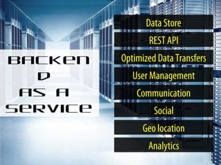 Data Store
REST API

Backen
d
as a
Service

Optimized Data Transfers
User Management
Communication
Social
Geo location
Analytics

 