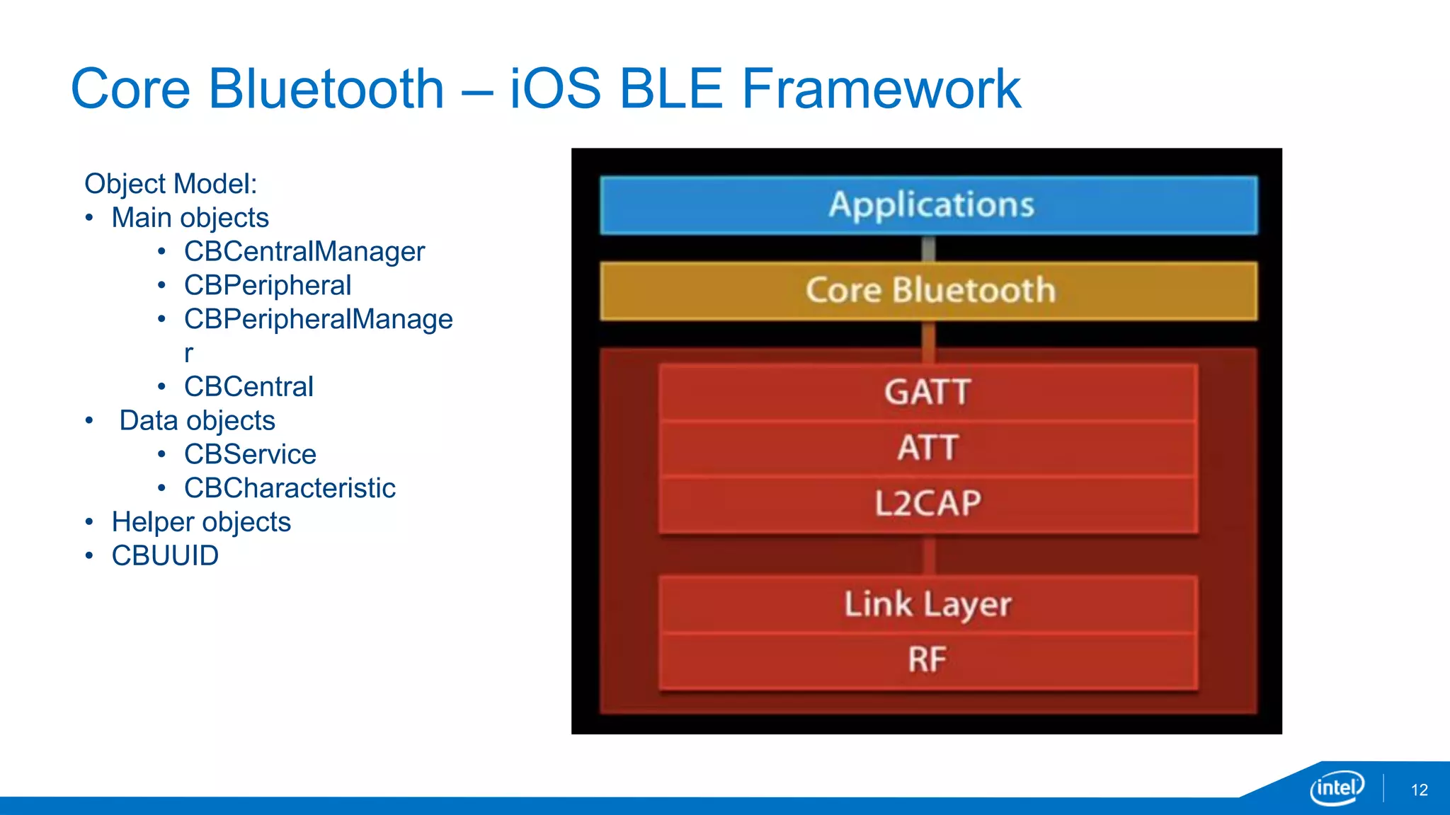 12
Core Bluetooth – iOS BLE Framework
Object Model:
• Main objects
• CBCentralManager
• CBPeripheral
• CBPeripheralManage
r
• CBCentral
• Data objects
• CBService
• CBCharacteristic
• Helper objects
• CBUUID
 