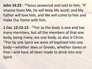 John 14:23 - 23Jesus a s ered a d said to hi , If
anyone loves Me, he will keep My word; and My
Father will love him, and We will come to him and
make Our home with him.
1 Cor. 12:12-13 - 12For as the body is one and has
many members, but all the members of that one
body, being many, are one body, so also is Christ.
13For by one Spirit we were all baptized into one
body—whether Jews or Greeks, whether slaves or
free—and have all been made to drink into one
Spirit.
 
