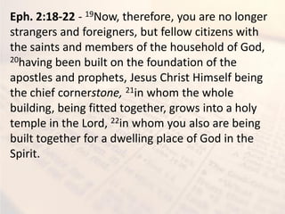 Eph. 2:18-22 - 19Now, therefore, you are no longer
strangers and foreigners, but fellow citizens with
the saints and members of the household of God,
20having been built on the foundation of the
apostles and prophets, Jesus Christ Himself being
the chief cornerstone, 21in whom the whole
building, being fitted together, grows into a holy
temple in the Lord, 22in whom you also are being
built together for a dwelling place of God in the
Spirit.
 