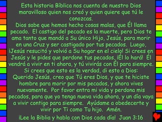 Esta historia Bíblica nos cuenta de nuestro Dios
     maravilloso quien nos creó y quien quiere que tú le
                           conozcas.
   Dios sabe que hemos hecho cosas malas, que Él llama
 pecado. El castigo del pecado es la muerte, pero Dios te
 ama tanto que mandó a Su único Hijo, Jesús, para morir
   en una Cruz y ser castigado por tus pecados. Luego,
¡Jesús resucitó y volvió a Su hogar en el cielo! Si crees en
 Jesús y le pides que perdone tus pecados, ¡Él lo hará! Él
vendrá a vivir en ti ahora, y tú vivirás con Él para siempre.
       Si crees que esto es la verdad, di esto a Dios:
  Querido Jesús, creo que Tú eres Dios, y que te hiciste
     hombre para morir por mis pecados, y ahora vives
    nuevamente. Por favor entra mi vida y perdona mis
pecados, para que yo tenga nueva vida ahora, y un día vaya
  a vivir contigo para siempre. Ayúdame a obedecerte y
              vivir por Ti como Tu hijo. Amén.
    ¡Lee la Biblia y habla con Dios cada día! Juan 3:16
 
