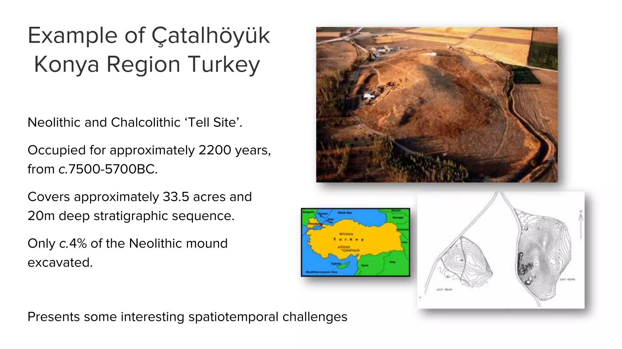 Example of Çatalhöyük
Konya Region Turkey
Neolithic and Chalcolithic ‘Tell Site’.
Occupied for approximately 2200 years,
from c.7500-5700BC.
Covers approximately 33.5 acres and
20m deep stratigraphic sequence.
Only c.4% of the Neolithic mound
excavated.
Presents some interesting spatiotemporal challenges
 