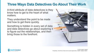 © 2016 Health Catalyst
Proprietary. Feel free to share but we would appreciate a Health Catalyst citation.
Three Ways Data Detectives Go About Their Work
A third attribute of data detectives is they
know how to get to the heart of what
matters.
They understand the point to be made
and how to get there quickly.
Something is hidden in every set of data
and data detectives go about exploring it
to figure out the relationships, and then
bring those to the forefront.
 