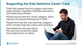 © 2016 Health Catalyst
Proprietary. Feel free to share but we would appreciate a Health Catalyst citation.
Supporting the Data Detective Career Track
Traits that mapped into this category were team
player, flexible, negotiator, facilitator, persuasive,
and relationship oriented.
Ranked second was the “smart” category, which
captures the typical technical and IT skills.
Ranked third was the “ever-learning” category,
which includes traits like curious and inquisitive.
Data detectives also care about
the work they do and the impact
their projects have on others.
 