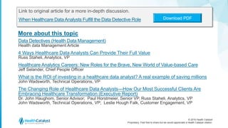 © 2016 Health Catalyst
Proprietary. Feel free to share but we would appreciate a Health Catalyst citation.
More about this topic
Link to original article for a more in-depth discussion.
When Healthcare Data Analysts Fulfill the Data Detective Role
Data Detectives (Health Data Management)
Health data Management Article
4 Ways Healthcare Data Analysts Can Provide Their Full Value
Russ Staheli, Analytics, VP
Healthcare Analytics Careers: New Roles for the Brave, New World of Value-based Care
Jeff Selander, Chief People Officer
What is the ROI of investing in a healthcare data analyst? A real example of saving millions
John Wadsworth, Technical Operations, VP
The Changing Role of Healthcare Data Analysts—How Our Most Successful Clients Are
Embracing Healthcare Transformation (Executive Report)
Dr. John Haughom, Senior Advisor; Paul Horstmeier, Senior VP, Russ Staheli, Analytics, VP
John Wadsworth, Technical Operations, VP; Leslie Hough Falk, Customer Engagement, VP
Download PDF
 