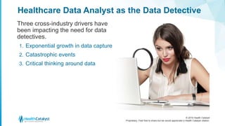 © 2016 Health Catalyst
Proprietary. Feel free to share but we would appreciate a Health Catalyst citation.
Healthcare Data Analyst as the Data Detective
Three cross-industry drivers have
been impacting the need for data
detectives.
1. Exponential growth in data capture
2. Catastrophic events
3. Critical thinking around data
 