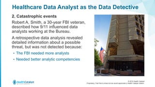 © 2016 Health Catalyst
Proprietary. Feel free to share but we would appreciate a Health Catalyst citation.
Healthcare Data Analyst as the Data Detective
2. Catastrophic events
Robert A. Smith, a 30-year FBI veteran,
described how 9/11 influenced data
analysts working at the Bureau.
A retrospective data analysis revealed
detailed information about a possible
threat, but was not detected because:
• The FBI needed more analysts
• Needed better analytic competencies
 