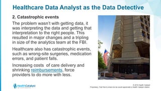 © 2016 Health Catalyst
Proprietary. Feel free to share but we would appreciate a Health Catalyst citation.
Healthcare Data Analyst as the Data Detective
2. Catastrophic events
The problem wasn’t with getting data, it
was interpreting the data and getting that
interpretation to the right people. This
resulted in major changes and a tripling
in size of the analytics team at the FBI.
Healthcare also has catastrophic events,
such as wrong-site surgeries, medication
errors, and patient falls.
Increasing costs of care delivery and
shrinking reimbursements, force
providers to do more with less.
 