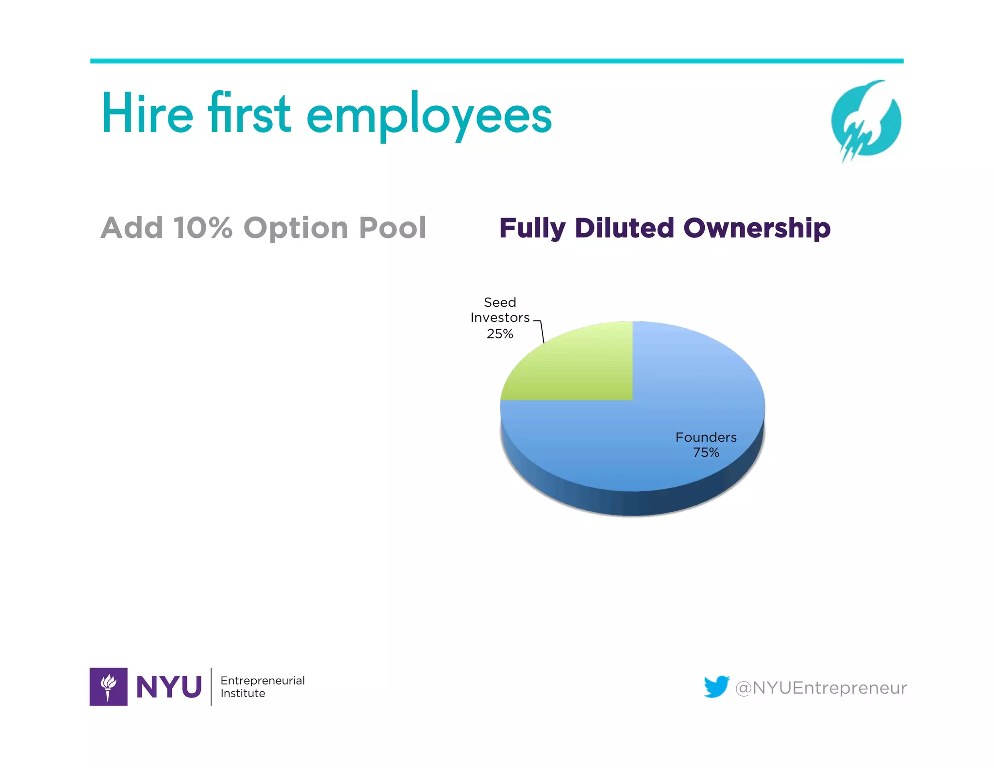 @NYUEntrepreneur
Hire ﬁrst employees
Add 10% Option Pool
Founders
75%
Seed
Investors
25%
Fully Diluted Ownership
 