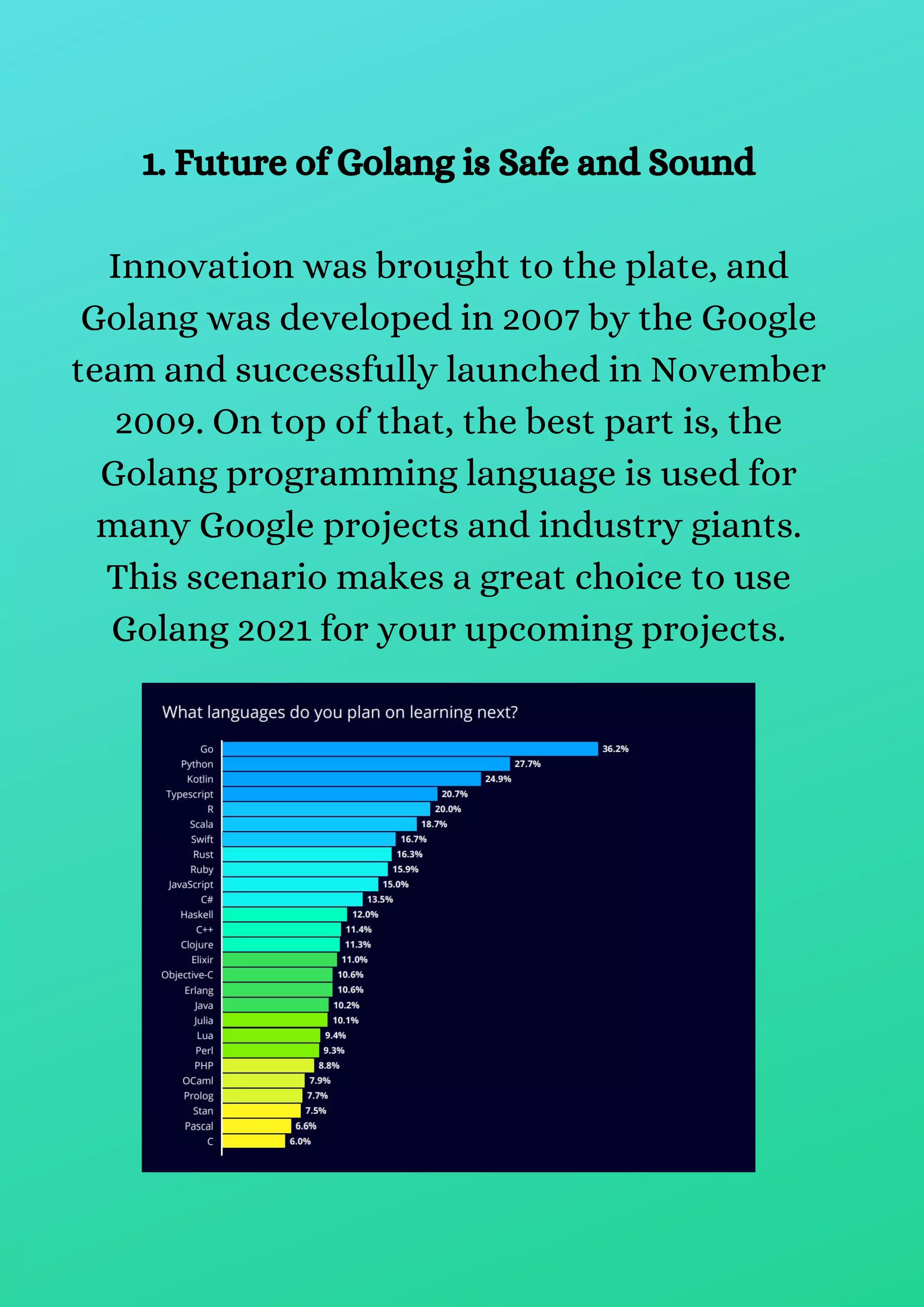 1. Future of Golang is Safe and Sound
Innovation was brought to the plate, and
Golang was developed in 2007 by the Google
team and successfully launched in November
2009. On top of that, the best part is, the
Golang programming language is used for
many Google projects and industry giants.
This scenario makes a great choice to use
Golang 2021 for your upcoming projects.
 