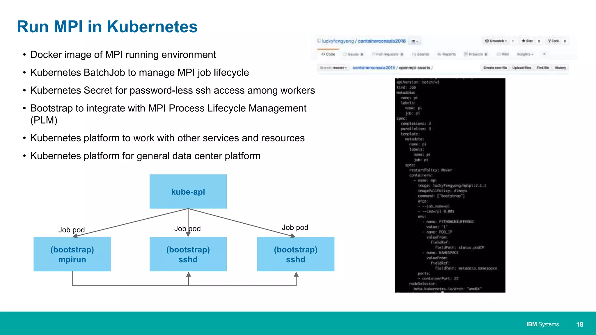 18IBM Systems
• Docker image of MPI running environment
• Kubernetes BatchJob to manage MPI job lifecycle
• Kubernetes Secret for password-less ssh access among workers
• Bootstrap to integrate with MPI Process Lifecycle Management
(PLM)
• Kubernetes platform to work with other services and resources
• Kubernetes platform for general data center platform
Run MPI in Kubernetes
(bootstrap)
mpirun
Job pod
(bootstrap)
sshd
(bootstrap)
sshd
kube-api
Job pod Job pod
 