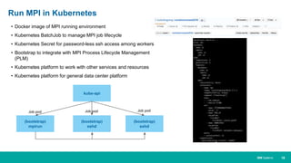 18IBM Systems
• Docker image of MPI running environment
• Kubernetes BatchJob to manage MPI job lifecycle
• Kubernetes Secret for password-less ssh access among workers
• Bootstrap to integrate with MPI Process Lifecycle Management
(PLM)
• Kubernetes platform to work with other services and resources
• Kubernetes platform for general data center platform
Run MPI in Kubernetes
(bootstrap)
mpirun
Job pod
(bootstrap)
sshd
(bootstrap)
sshd
kube-api
Job pod Job pod
 