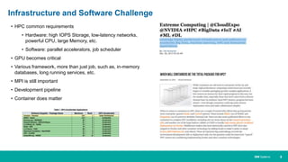 8IBM Systems
• HPC common requirements
• Hardware: high IOPS Storage, low-latency networks,
powerful CPU, large Memory, etc.
• Software: parallel accelerators, job scheduler
• GPU becomes critical
• Various framework, more than just job, such as, in-memory
databases, long running services, etc.
• MPI is still important
• Development pipeline
• Container does matter
Infrastructure and Software Challenge
 