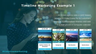 14P a g e
An travel agency uses a card-based
timeline to make it easy for its customers
to create a personalized itinerary and add
it to their phone or computer calendar
Timeline Marketing Example 1
#timelinemarketing
 