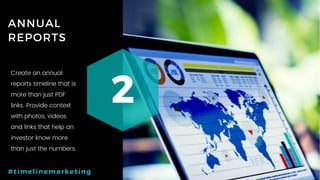 18P a g e
Create an annual
reports timeline that is
more than just PDF
links. Provide context
with photos, videos
and links that help an
investor know more
than just the numbers.
ANNUAL
REPORTS
2
#timelinemarketing
 