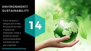 30P a g e
ENVIRONMENT/
SUSTAINABILITY
14
#timelinemarketing
If your company is
doing its part to help
the environment, then
it needs to be
showcased. Create a
timeline for all your
environmental efforts
and build trust with
your customers.
 
