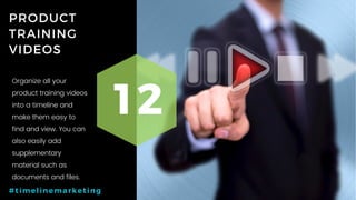 46P a g e
PRODUCT
TRAINING
VIDEOS
12
#timelinemarketing
Organize all your
product training videos
into a timeline and
make them easy to
find and view. You can
also easily add
supplementary
material such as
documents and files.
 