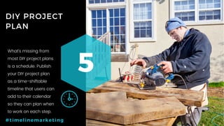 56P a g e
DIY PROJECT
PLAN
5
#timelinemarketing
What’s missing from
most DIY project plans
is a schedule. Publish
your DIY project plan
as a time-shiftable
timeline that users can
add to their calendar
so they can plan when
to work on each step.
 
