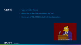 ©2022 VMware, Inc.
Agenda
3
• Types of Insider Threats
• How to use MITRE ATT&CK to identify key TTPs
• How to use MITRE ATT&CK to build intelligent detections
 