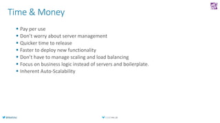 @AlexPshul
Time & Money
 Pay per use
 Don’t worry about server management
 Quicker time to release
 Faster to deploy n...