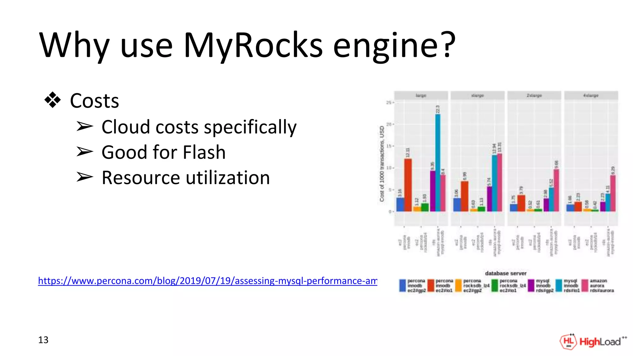 Why use MyRocks engine?
❖ Costs
➢ Cloud costs specifically
➢ Good for Flash
➢ Resource utilization
https://www.percona.com/blog/2019/07/19/assessing-mysql-performance-amongst-aws-options-part-two/
13
 