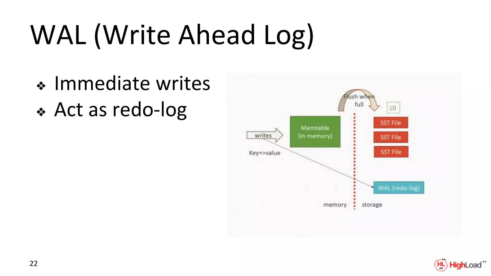 WAL (Write Ahead Log)
❖ Immediate writes
❖ Act as redo-log
22
 