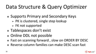 Data Structure & Query Optimizer
❖ Supports Primary and Secondary Keys
➢ PK is clustered, single step lookup
➢ FK not supported
❖ Tablespaces don’t exist
❖ Online DDL not possible
❖ Fast on scanning forward , slow on ORDER BY DESC
❖ Reverse column families can make DESC scan fast
30
 