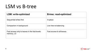 LSM vs B-tree
LSM: write-optimized B-tree: read-optimized
Sequential writes first In-place
Compaction in background Live tree re-balancing
Fast access only to leaves in the fast levels:
memory, L0
Fast access to all leaves
8
 