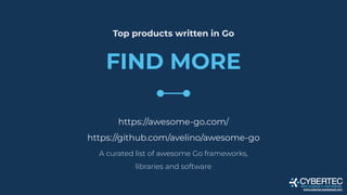 FIND MORE
Top products written in Go
https://awesome-go.com/
https://github.com/avelino/awesome-go
A curated list of aweso...