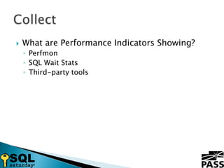 What are Performance Indicators Showing?PerfmonSQL Wait StatsThird-party toolsCollect